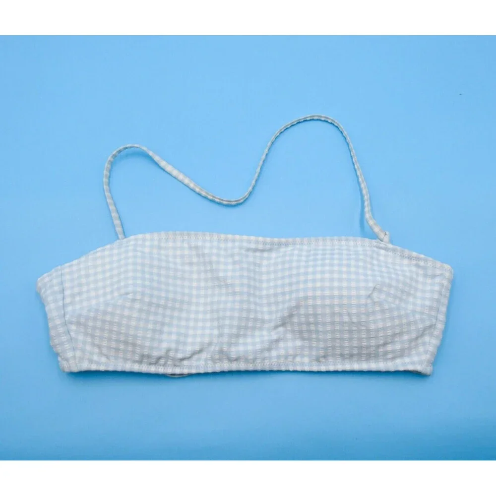 Victorias Secret Small White Blue Check Padded Halter Bikini Top Ribbed Swimwear